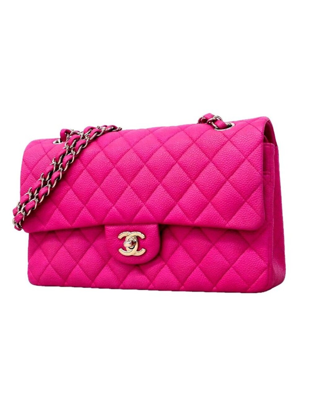 Chanel Shoulder Bag Quilted Caviar Leather Pink Silver